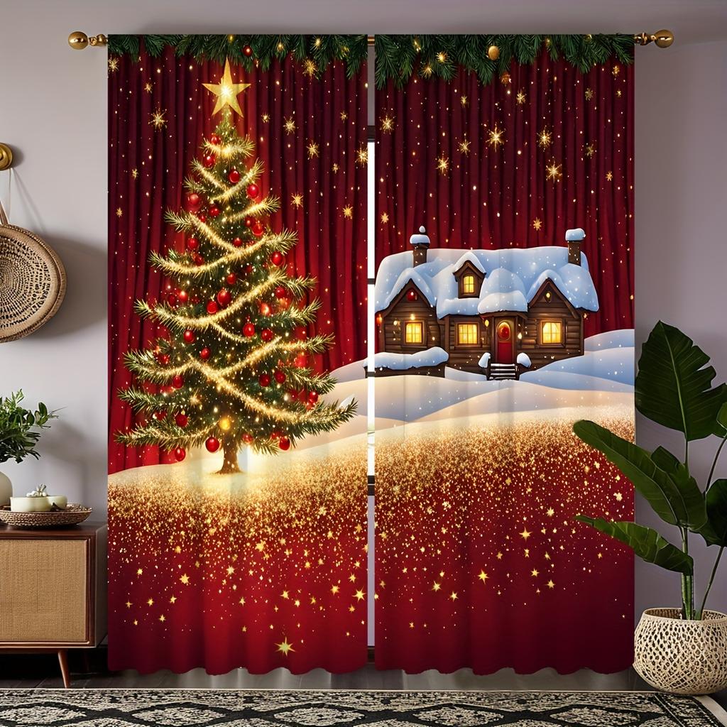 2pcs Set of Festive Christmas Curtains with Red Green Ornaments Digital Printed, Rod Pocket Design for Living Room Bedroom Decor