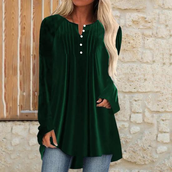 Women Velvet Shirt V-Neck Buttons Half Placket Long Sleeve Asymmetric Hem Pullover Tops Solid Color Mid-length