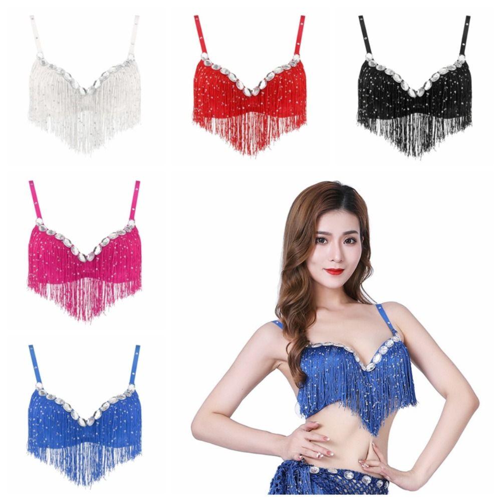 Топ для танца живота со стразами и кисточками, топ на бретельках через шею, бюстгальтер для танца живота, модный ночной клуб