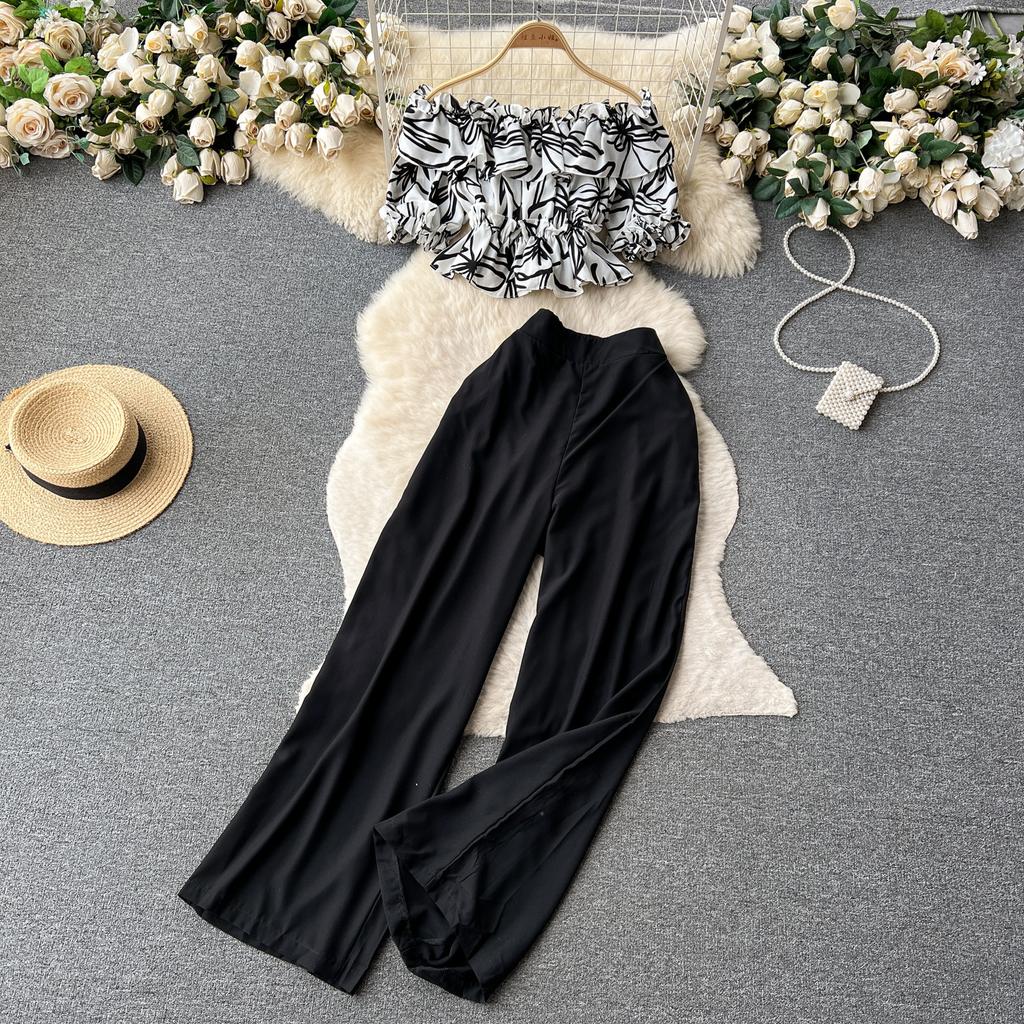 Модный французский костюм-рубашка на одно плечо с оборками и цветочным принтом, женский тонкий широкий брючный костюм с высокой талией