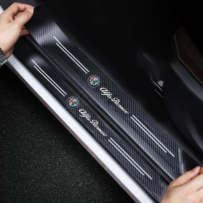 QMUT6 1/4/5Pcs Leather Car Door Sill Protector Carbon Fiber Sill Strip For Alfa Romeo 159 4C GT Giulia Giulietta 156 Tonale Mito 147