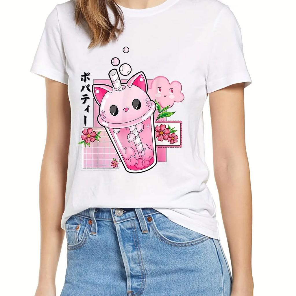 Boba Tea Cat Bubble Print Tshirt Cute Round Neck Short Sleeve Tshirt Spring and Summer Womens Clothing Vintage Graphic Y2K