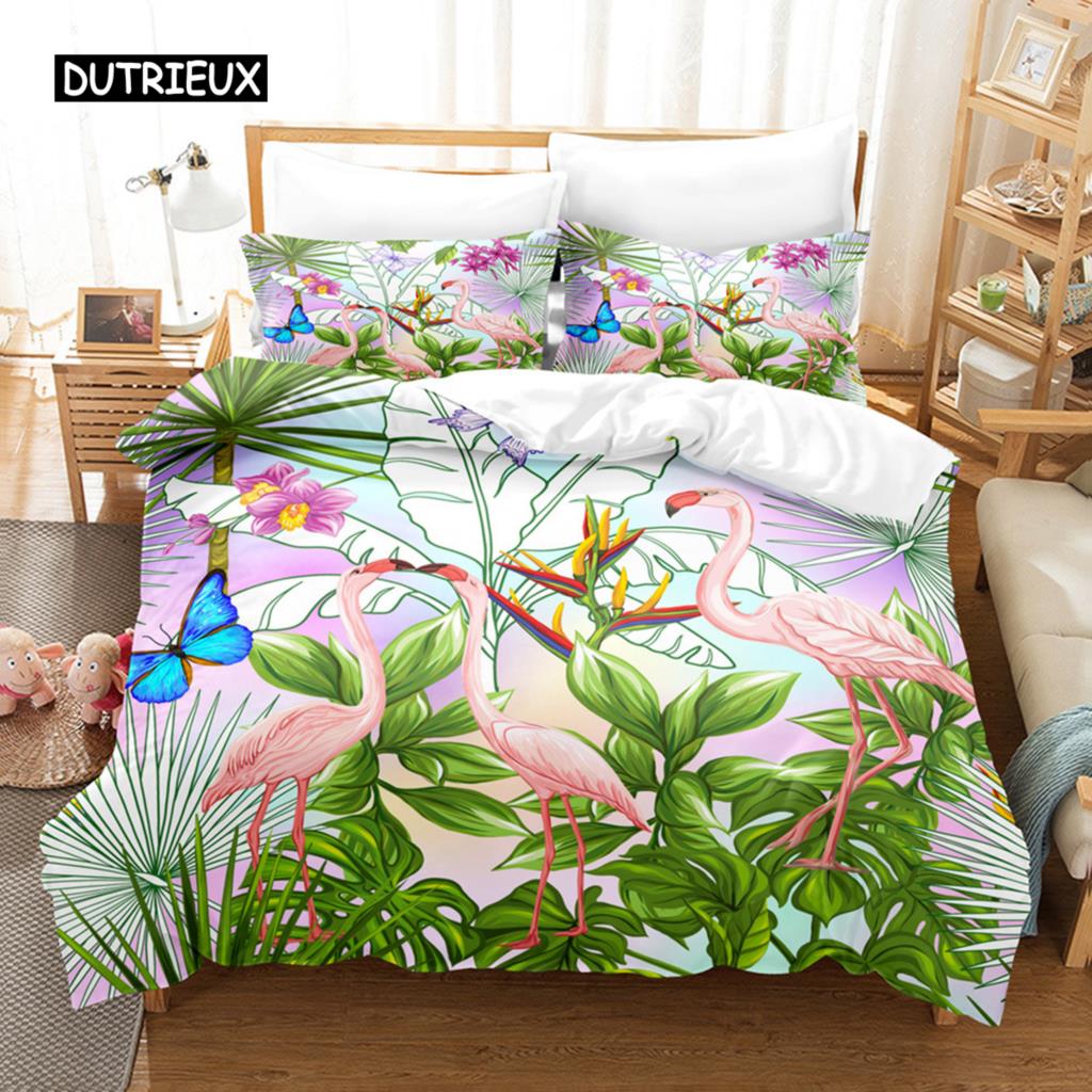 Комплект постельного белья с изображением фламинго, тропическое животное, комплект постельного белья с изображением листьев пальмы, полиэстер, тема природы, королевское одеяло, покрывало