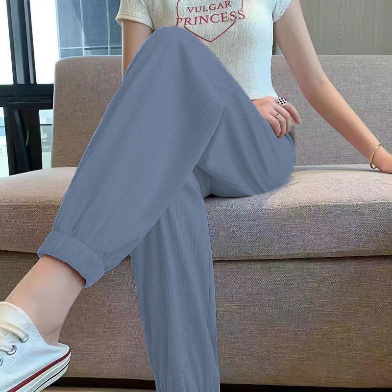 Summer Casual Ice Silk Wide Leg Harem Pants Trousers Solid Elastic Waist Women Clothing Sport Streetweat Ankle-Length Pants