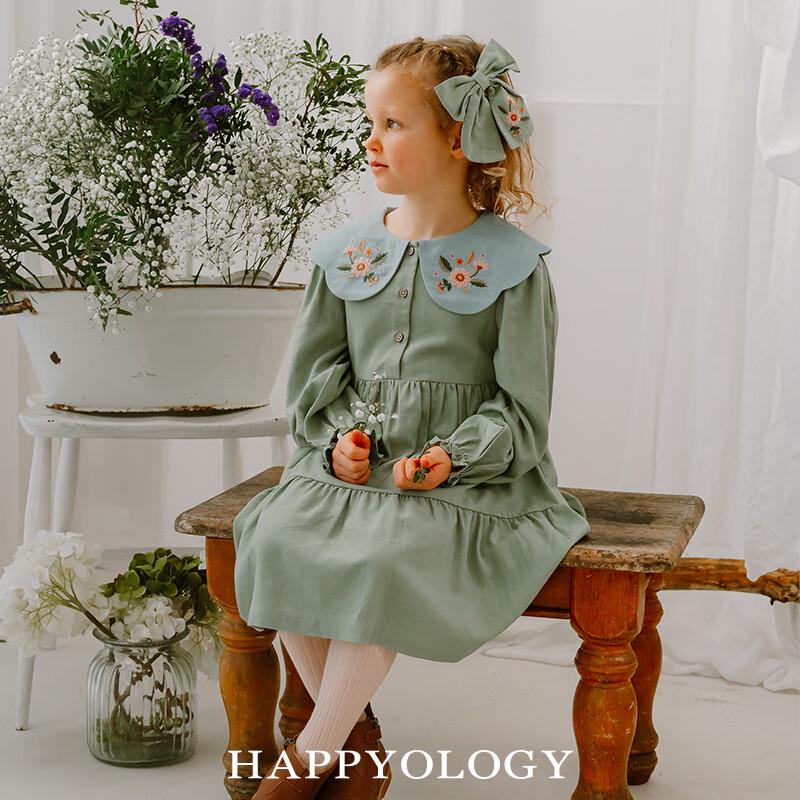 Девочковое платье Happyology с вышивкой, длинный рукав, смесовая ткань с льном