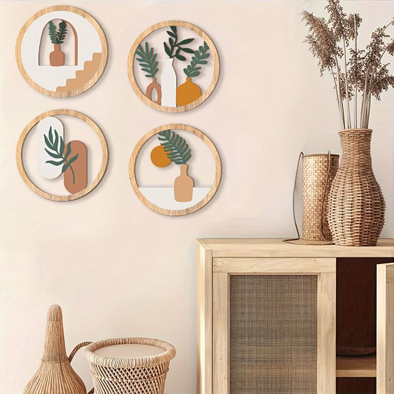 4pcs/Set Wood Homestay Crafts Decorative Hollow Pattern Wall Hanging Circular Design Pendants Home Decoration