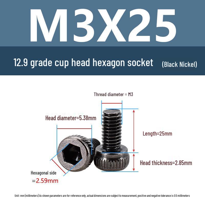 Yigu High-Strength Black Nickel Hex Socket Screw, M1.6-M4, Knurled Cup Head Bolt, 12.9 Grade.