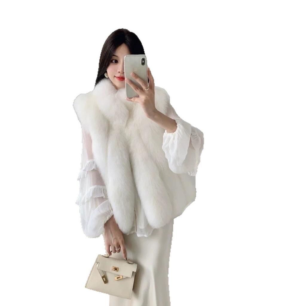 [Jeju Snow Realm] Autumn and winter new high-luxury whole leather real fox hair vertical strip collar stacked wearing vest jacket
