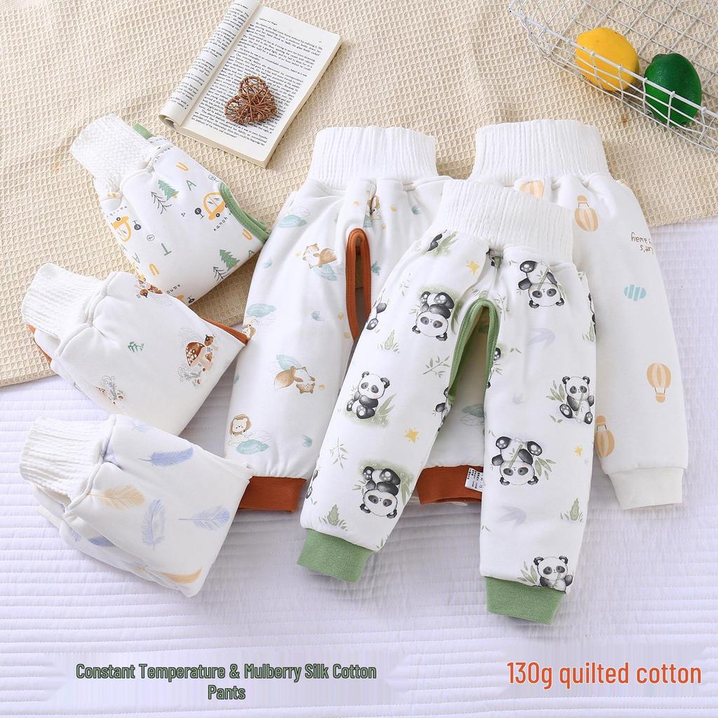 High Waist Baby Cotton Quilted Pants with Belly Protection – Mulberry Silk-Lined for Boys & Girls, Perfect for Autumn & Winter