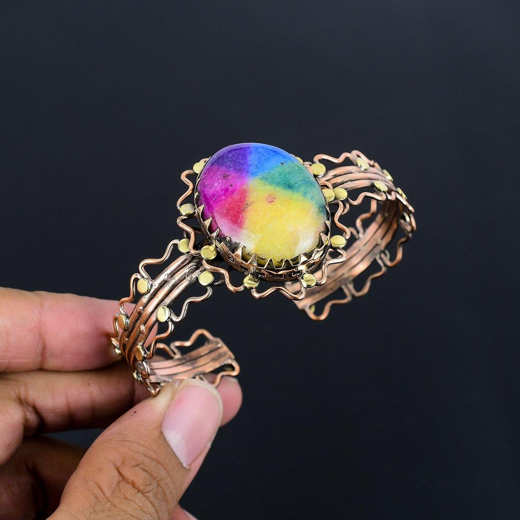 Rainbow Solar Quartz Bracelet, 999 Copper Wire Wrapped Gemstone Jewelry, Handmade Bracelet For Thanksgiving
