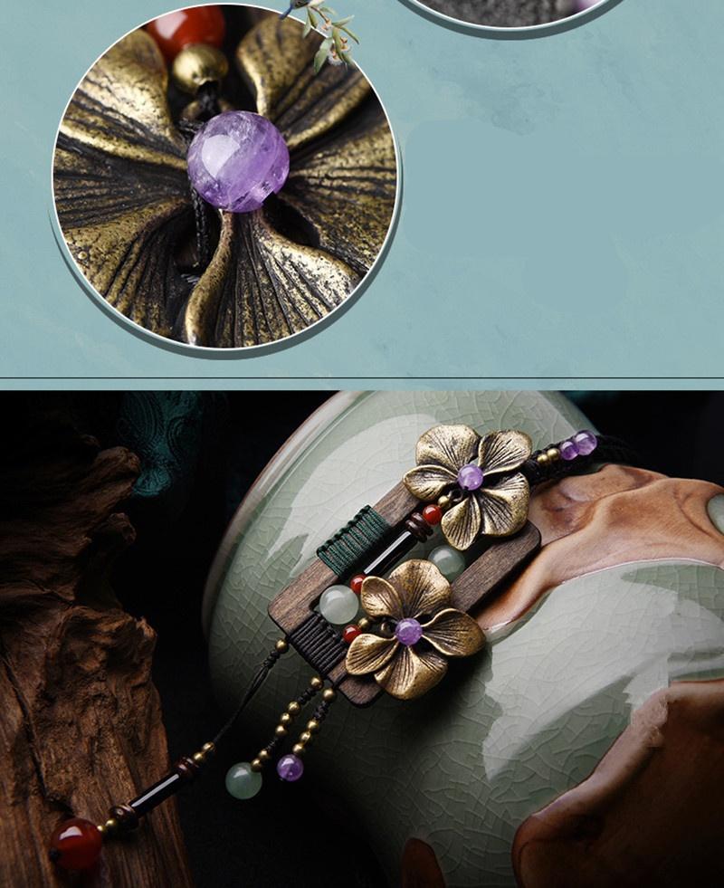 Длинное ожерелье из бронзового цветка, квадратное деревянное винтажное ожерелье с кристаллами авантюрина, этнический свитер ручной работы