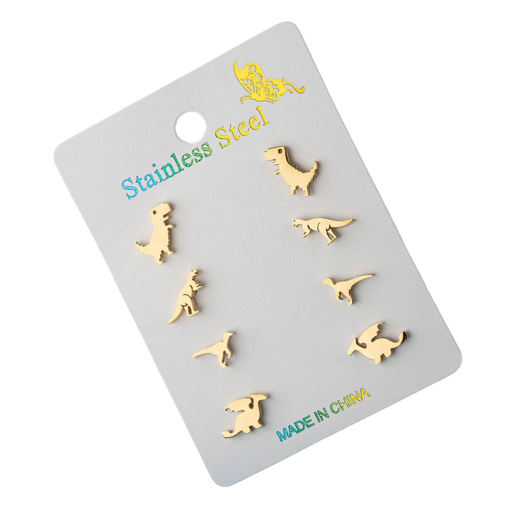 4 пары сережек-гвоздиков в виде динозавров. Креативные аксессуары для ушей. Серьги-гвоздики в виде животных, подходящие для подростков и молодых любителей моды.