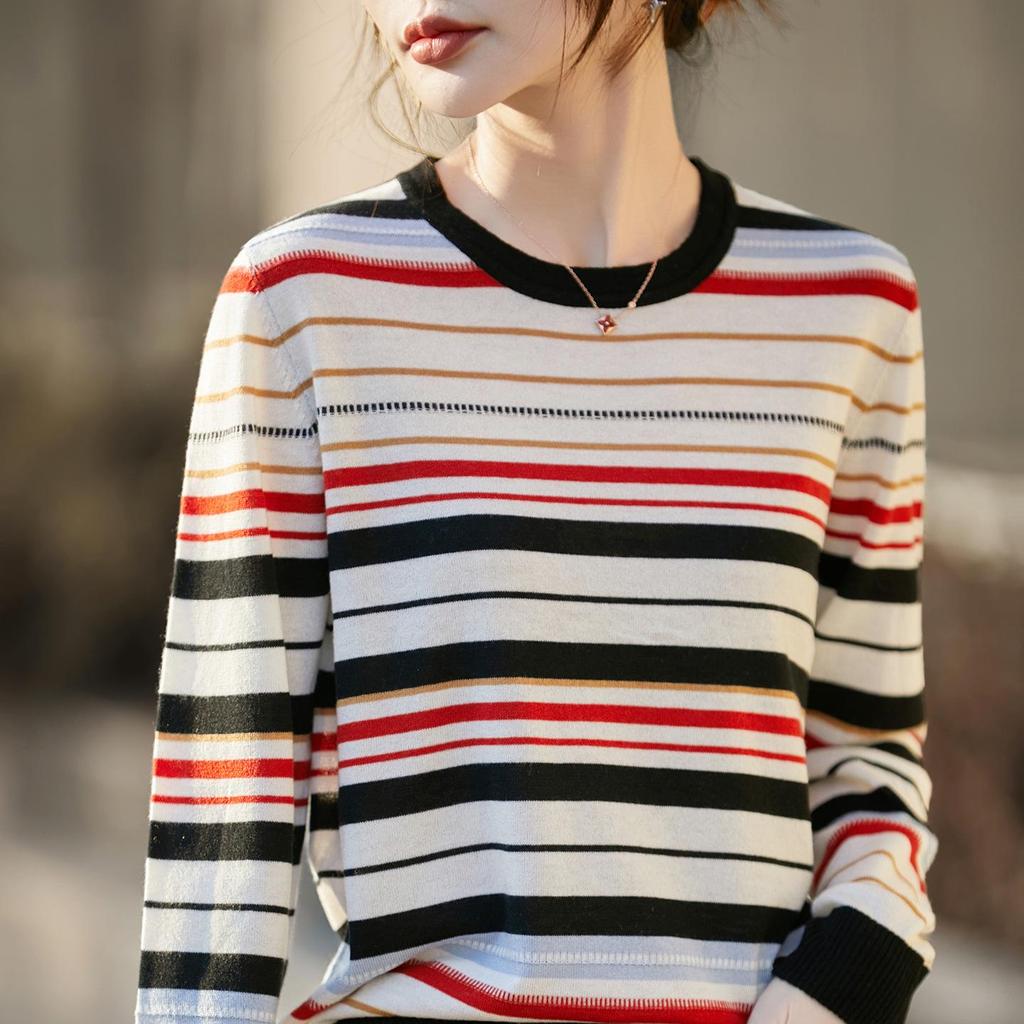 Women's French Retro Stripe Knitwear - Long Sleeve, Round Neck, Slimming Base Layer for Spring/Autumn