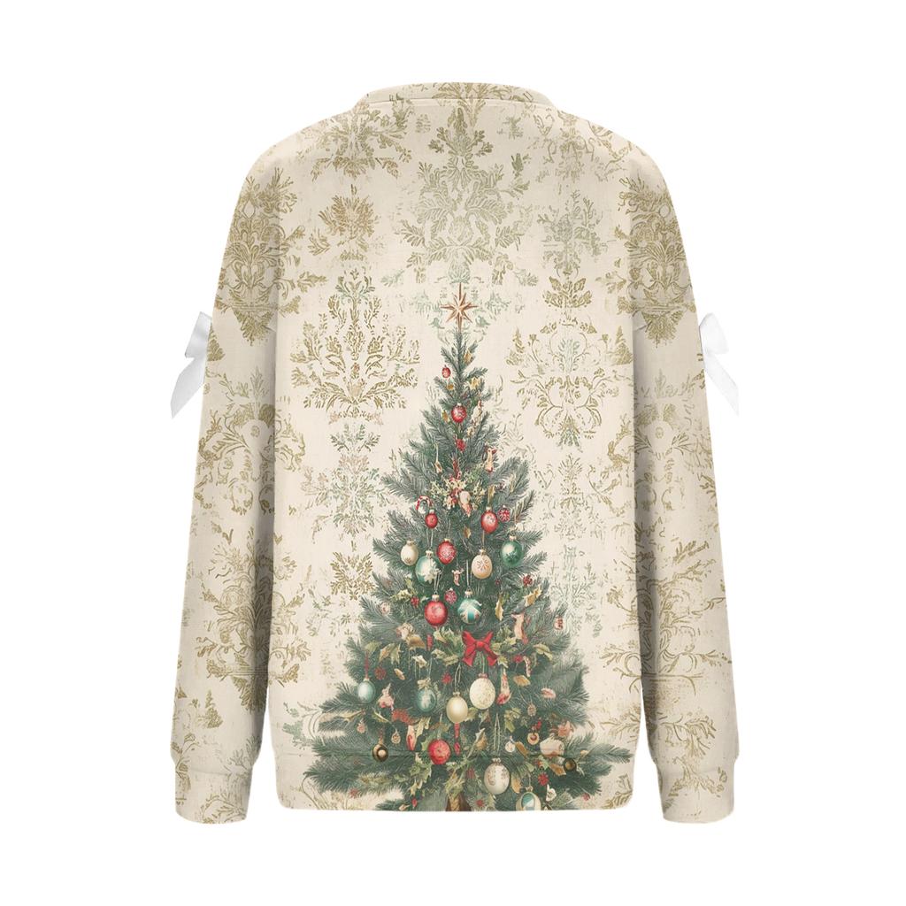 Ladies' Christmas Printed Bow Round Neck Long Sleeved Loose Pullover Sweater Sweatshirt Top
