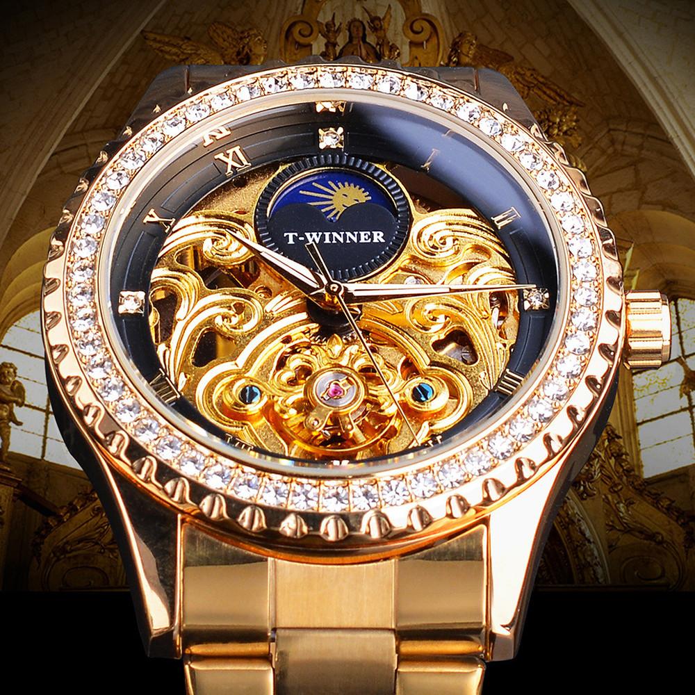 Gold Wristwatches Moon Phase Design Luxury Retro Style Diamond Mechanical Watch Stainless Steel Bracelet Skeleton Tourbillon Men Automatic Watches
