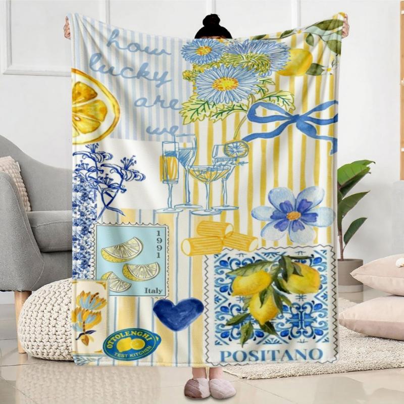 Tuscan Retro Lemon Floral Strip Throw Blanket Summer Blue Yellow Wine Element Warm Blanket for Couch Trip Household Coastal