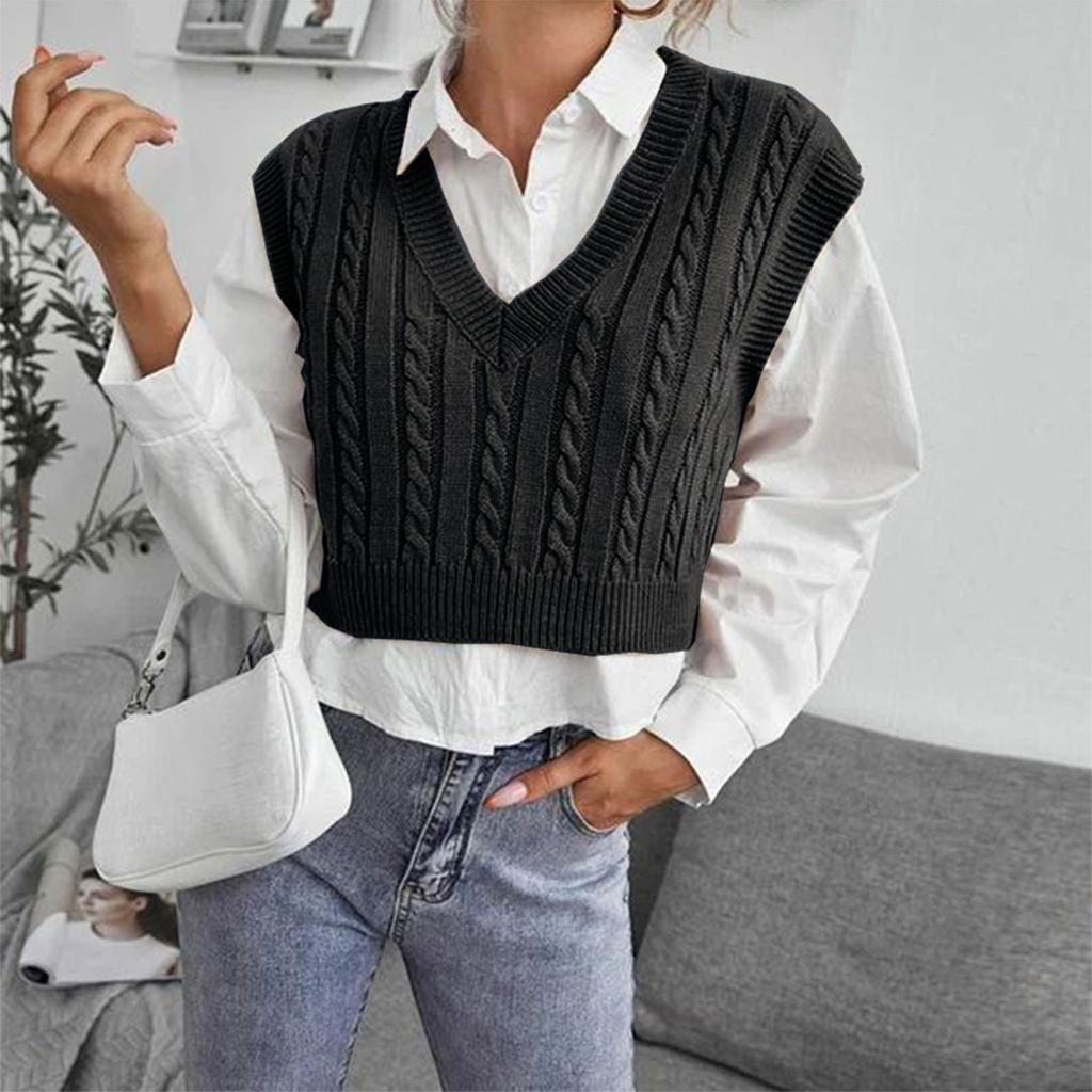 Women's Casual V-Neck Pullover Shirt Collision Color Sleeveless Sweater Vest