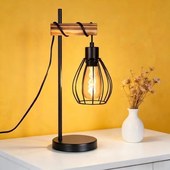 Lampe à poser vintage en bois et métal noir NETTLIFE, style industriel rétro, culot E27, hauteur 46 cm, lampe de chevet ou bureau