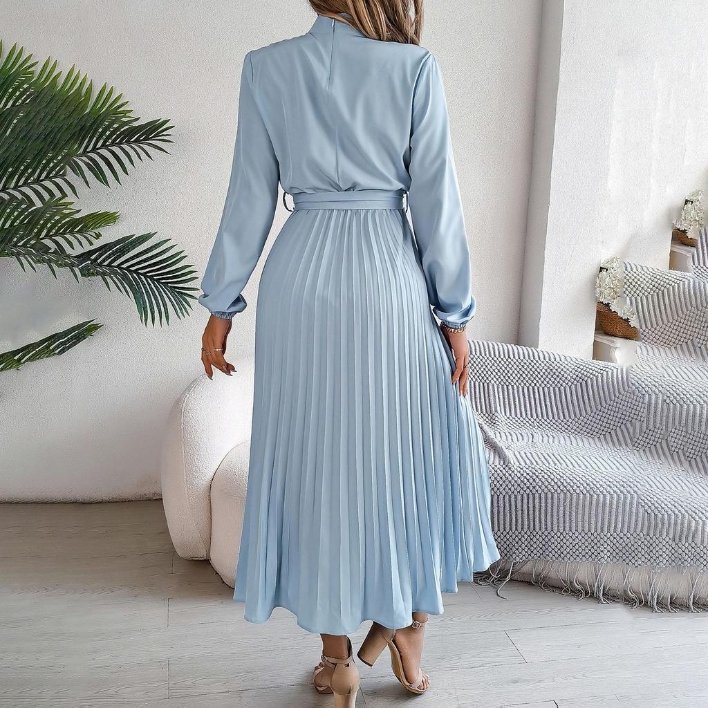 Women's Long Sleeve Maxi Dress Stand Collar High Waist A-Line Dress Loose Solid Color Pleated Long Dress