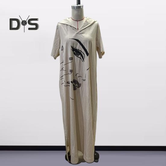 Женское платье с принтом лица, свободное платье с капюшоном и шнурком в богемном стиле с короткими рукавами, городской стиль, пуловер с разрезом по краю и боковым карманом, платье миди длиной до середины икры