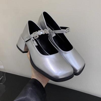 Модные туфли Мэри Джейн 2024 года, новые женские весенне-летние туфли на толстом каблуке с квадратным носком, элегантные туфли на среднем каблуке золотисто-серебряного цвета для торжественных случаев