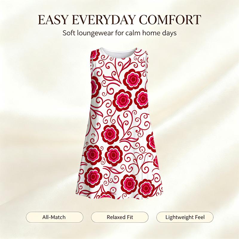 Relax Dress, Sleeveless Round Neck, Red Floral Scroll Print, Loose Swing Hem, Women Indoor Leisure Home Outfit