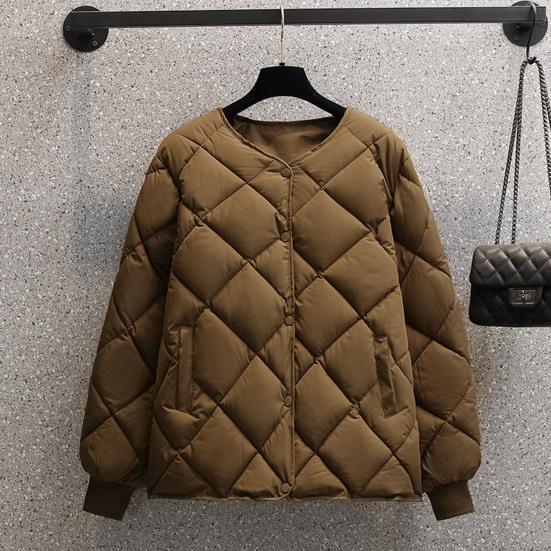 Women Winter Down Coat Rhombus Texture Stitching Thick Padded Pockets Long Sleeves Solid Color Single-breasted Elastic Cuff Lady Jacket