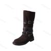 Pleated Buckle Knight Boots for Women Autumn New Faux Suede Brown Mid-calf Boots Woman Slip-On Thick Heel Booties Botas De Mujer
