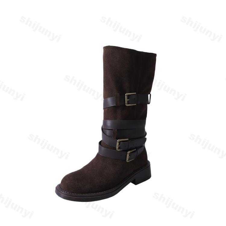 Pleated Buckle Knight Boots for Women Autumn New Faux Suede Brown Mid-calf Boots Woman Slip-On Thick Heel Booties Botas De Mujer