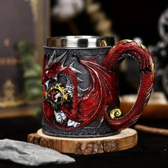 Кружка для пива из нержавеющей стали 600 мл, ретро танкard, кофейная чашка, стакан для чая, средневековая кружка из смолы с драконом для любителей фэнтези