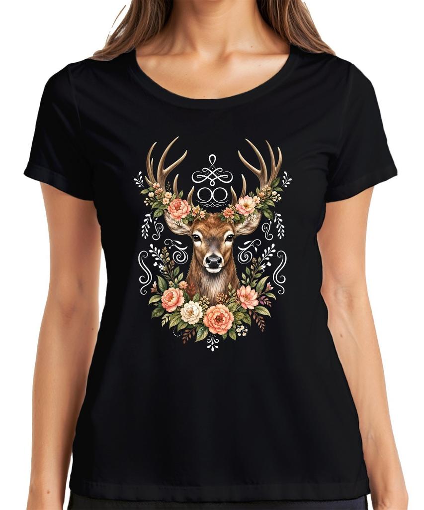Elegant Deer Floral Wreath Antler Forest Boho Natural Leather Pants Deer Women T-Shirt