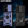 KEYSION Shockproof Case for TECNO Spark Go 2 Pop 10 Slide Camera Lens Protection Ring Stand Phone Cover for Infinix Smart 10