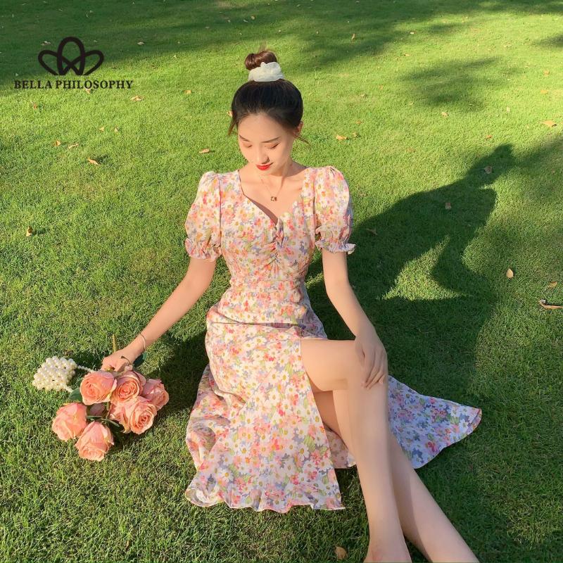 Французское элегантное платье, тонкое, летнее, с v-образным вырезом, повседневное, с короткими рукавами-фонариками, шикарное цельное платье с цветочным принтом в корейском стиле, шикарное.