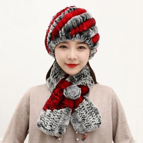 Winter Knitted Natural Fur Hats Scarves Sets Women Warm Real Rex Rabbit Fur Hat Scarf Lady Fashion Thick Rex Rabbit Fur Hat