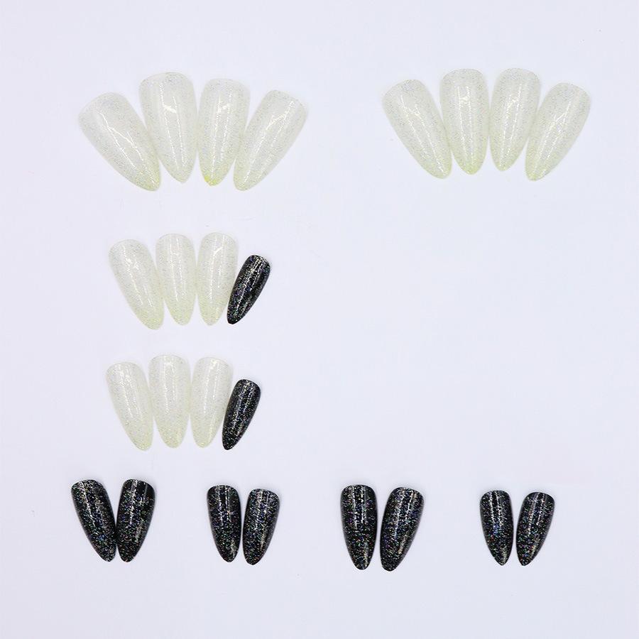 24 штуки длинных миндалевидных ногтей с блестками, модный стиль, черно-белый прыгающий цвет, можно использовать повторно, 24 штуки