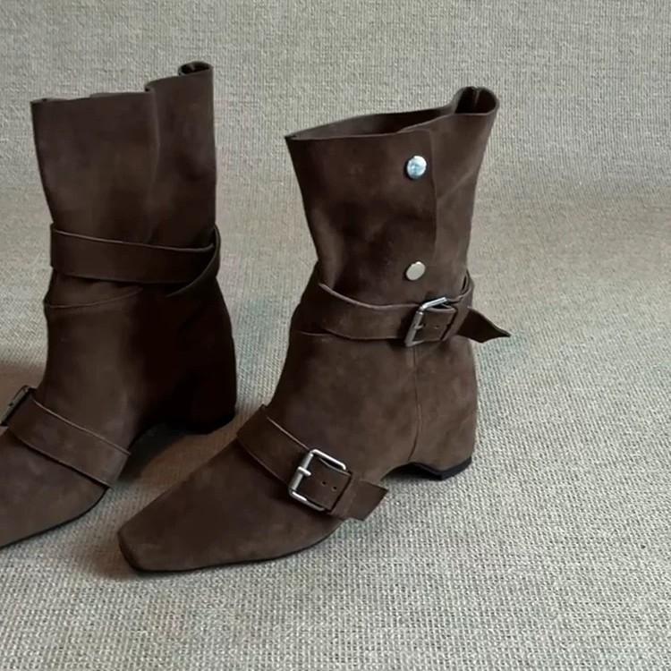 Версия из коровьей кожи~ ретро нишевый темперамент квадратный носок внутренняя высота увеличение ремень с пряжкой ковбойские сапоги вестерн женские складки два способа носки короткие сапоги