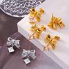 Fashion New Pleated Bow Square Zircon Earrings Niche Sweet Titanium Steel Plated 18K Real Gold Earrings Women