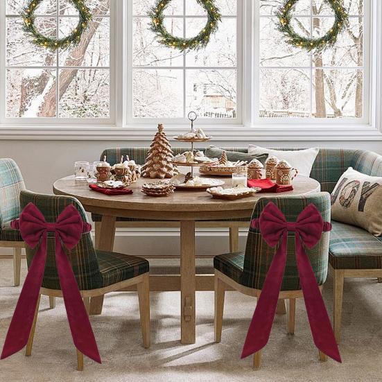 Рождественские бархатные банты на стулья 11,8" x 29,5" Бургундские банты для стульев с завязками сзади для Рождественского банкета, Свадьбы, Вечеринки по случаю дня рождения, Украшения для столовой