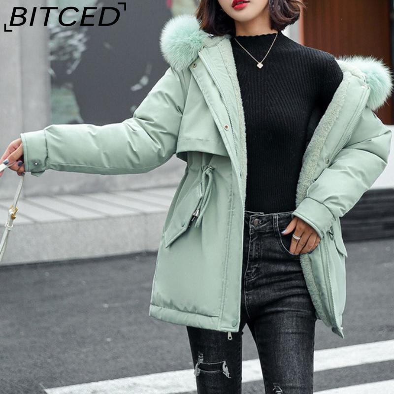BITCED Women's Winter Mid-Length Cotton Coat with Fleece Lining, Large Fur Collar, Plus Size, Short Waist-Defining Jacket