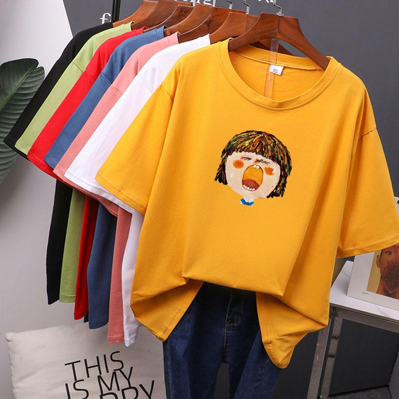 Kwaii Face Printed T Shirt Colorful Women Oversized Cotton Summer Tees Soft Female Jumper Top