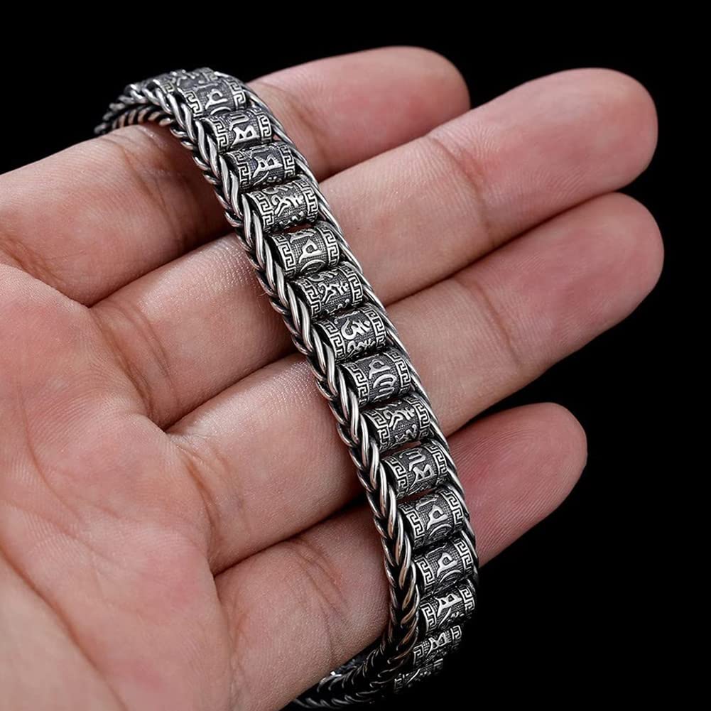 Rockyu Silver Mantra Roller Bracelet with Chinese and Heart Sutra Protection from Good and Fashion Accessory Men's Hui-mo (Curve) Design, Six-Syllable