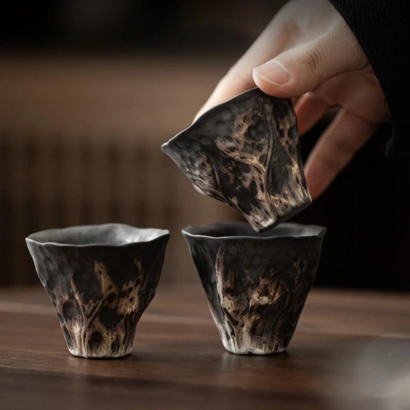 Japanese Style Wabi-sabi Style Lotus Rhyme Tea Cup Rough Pottery Kung Fu Tea Set Tasting Tea Cup Small Single Cup Master Cup