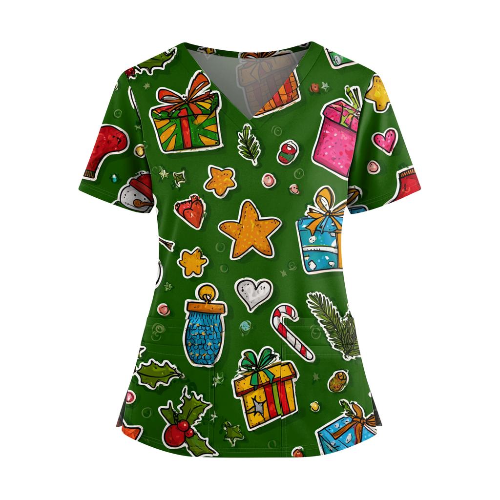 Женский топ с рождественским принтом, V-образным вырезом, двумя карманами, короткими рукавами, разрезом по подолу, униформа и одежда для ухода