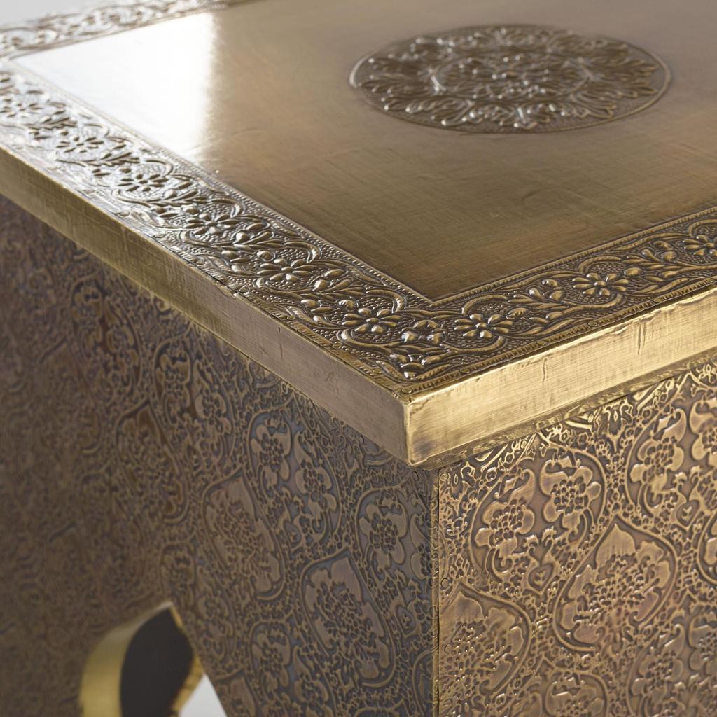 Wooden Old Brass Embossed Moroccan Side Table | Handicrafted Metal Accent Table | Square End Table with Intricate Carvings | Central Table