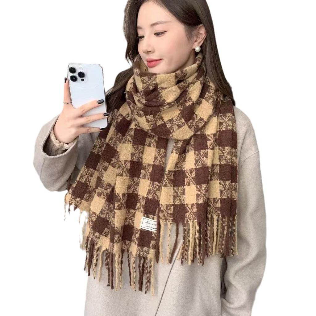 Elegant Korean Style Winter Tassel Plaid Scarf - Warm Versatile Shawl for Couples