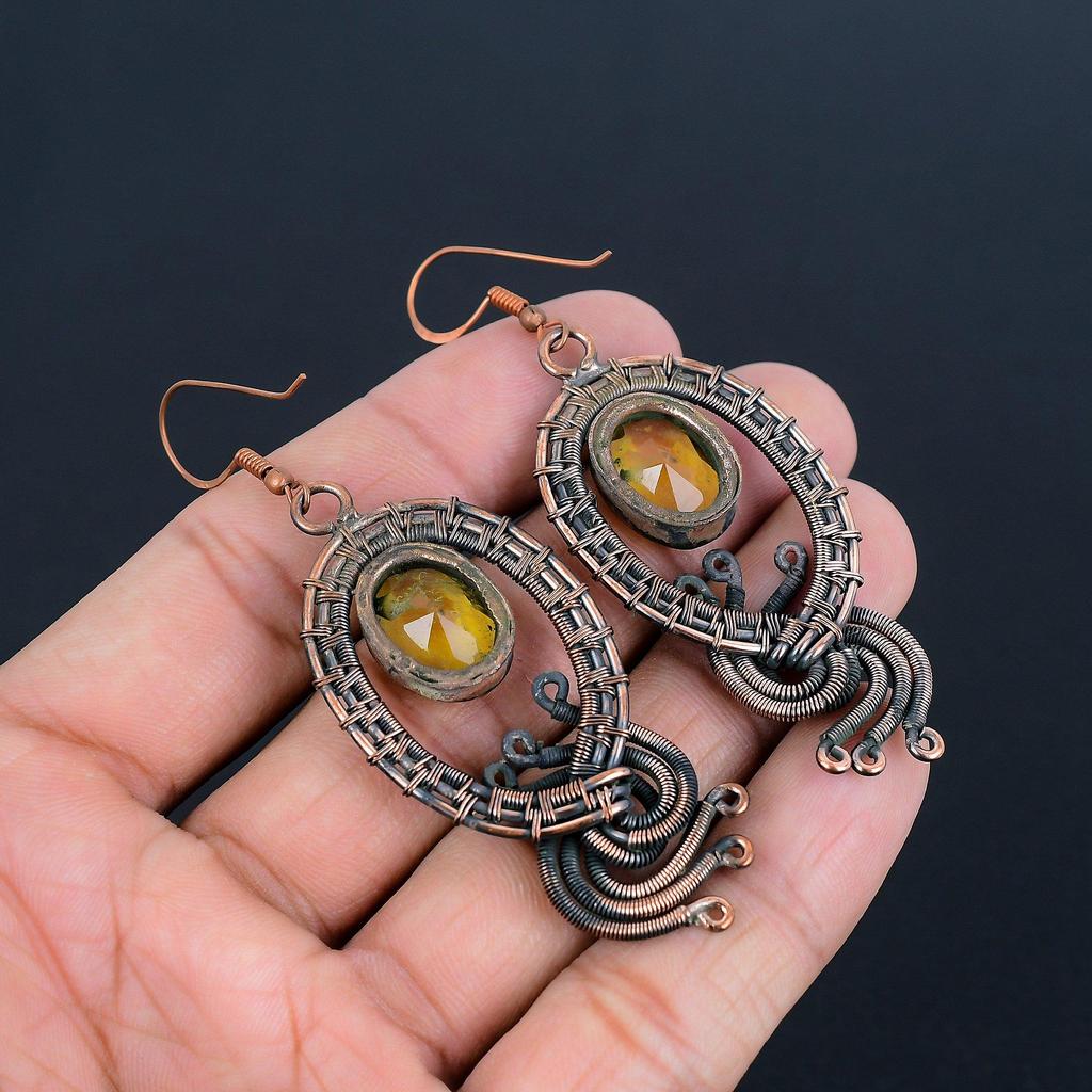 Серьги с цитрином, Ювелирные изделия из драгоценных камней, обернутые медной проволокой 999 пробы, Серьги ручной работы, На День благодарения