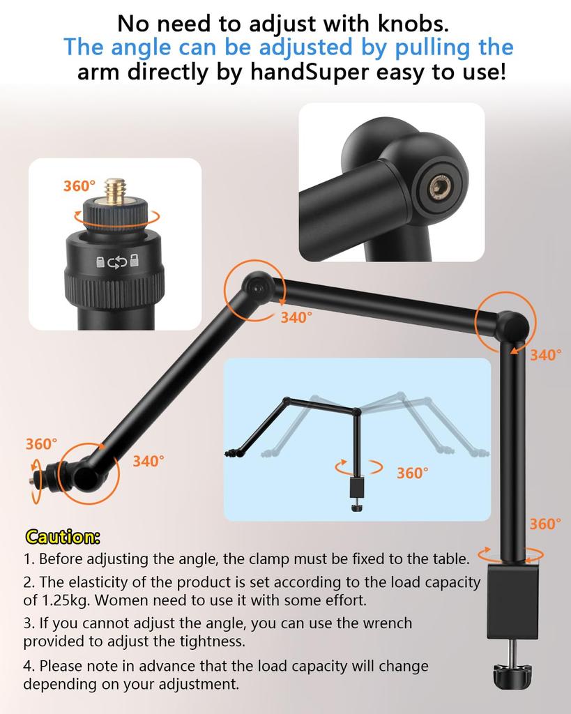 Hemmotop Camera Arm, Microphone Stand, Integrated Clamp, 1.25kg Load Capacity, Smartphone Arm, 360° & 340° Adjustable Angle, Desk Mount Stand, Copy