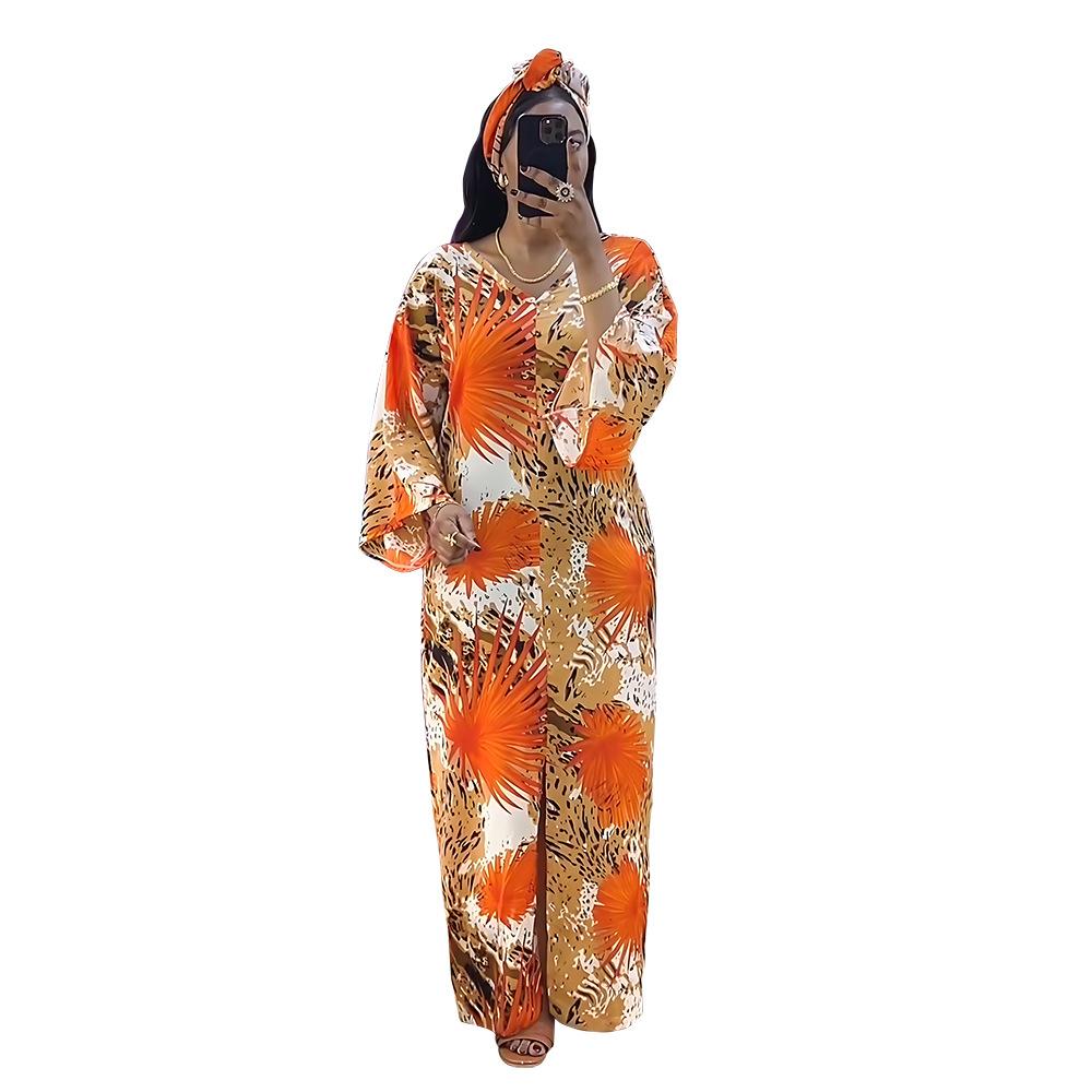Women's Fashion Printed Dress Temperament Commuter Style V-Neck Long Sleeve Split Comfortable Dress Long Dress