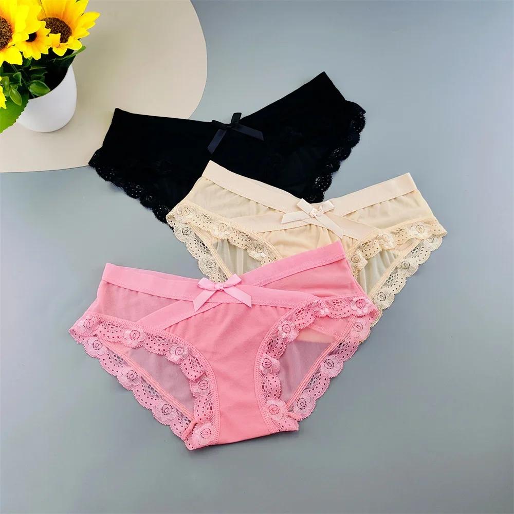 3 шт. Женское сетчатое нижнее белье с низкой посадкой, кружевными оборками, милые женские перспективные сексуальные трусы, удобные трусики