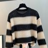 Женские свитера, пуловеры 2025 Осень-Зима Длинный рукав О-образный вырез Черный полосатый вязаный свитер Женские топы, пуловер JJ74